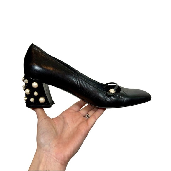 Stuart Weitzman Pearlstrap Square Toe Angled Block Heel Mary Jane Leather Pump - Picture 4 of 14